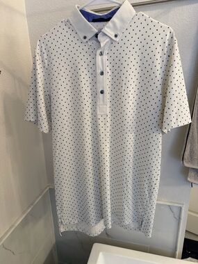 Greyson White Polo with Navy Micro Dot Print